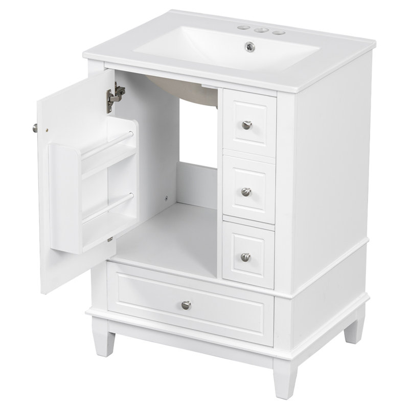 Meuble-lavabo 24 po avec lavabo et tiroirs, meuble-lavabo autoportant blanc avec plateau en céramique et tablettes de rangement, panneau de fibres à densité moyenne et base en bois massif, meuble-lavabo moderne pour petite salle de bain