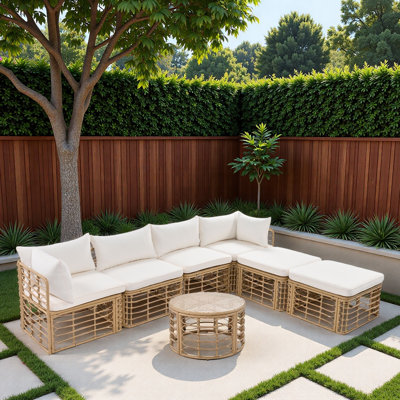 7 Pieces Outdoor Patio Rattan Sectional Sofa Set With Thick Cushions, Pillows, Hollow Woven Design And Adjustable Feet