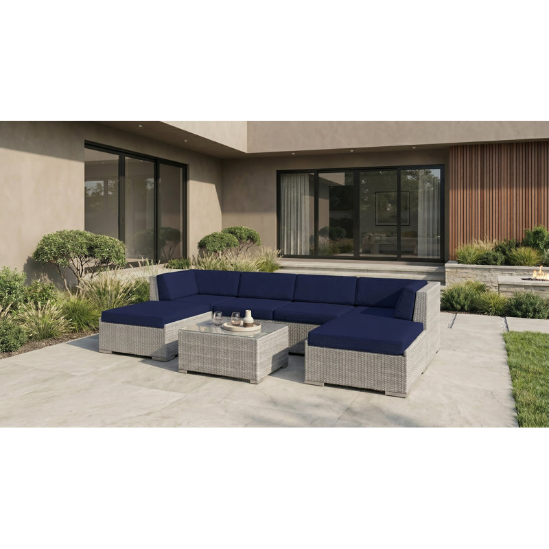 Billyjo Wicker 4 - Person Seating Group with Cushions - No Assembly, Gray, Canvas Navy Sunbrella® Canvas