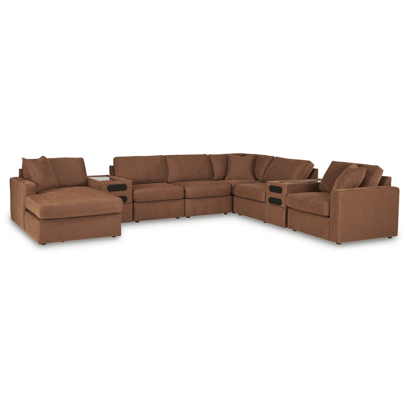 Canapé modulaire 8 pièces Braintree avec méridienne et consoles audio, Polyester brun, Orienté à droite