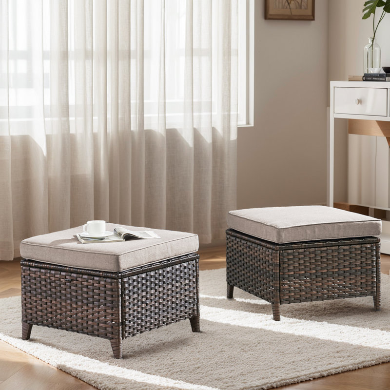 Abbey Outdoor Durable Wicker Ottomans With Olefin Cushions Durable & Weather-Resistant For Patios, Brown, Beige