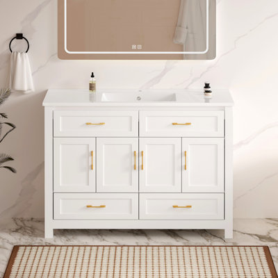 Meuble-lavabo de salle de bain avec lavabo en résine, armoire de rangement abondante - 4 portes à fermeture douce et 4 tiroirs