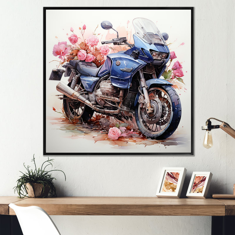 " Watercolor Motocycle Flower Path I ", Black Floater Framed, 36" H x 36" W x 1.5" D