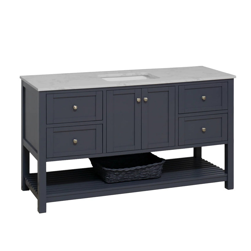 Ensemble de meuble-lavabo simple 60 po Binne, Gris marine, Carrara d'ingénierie