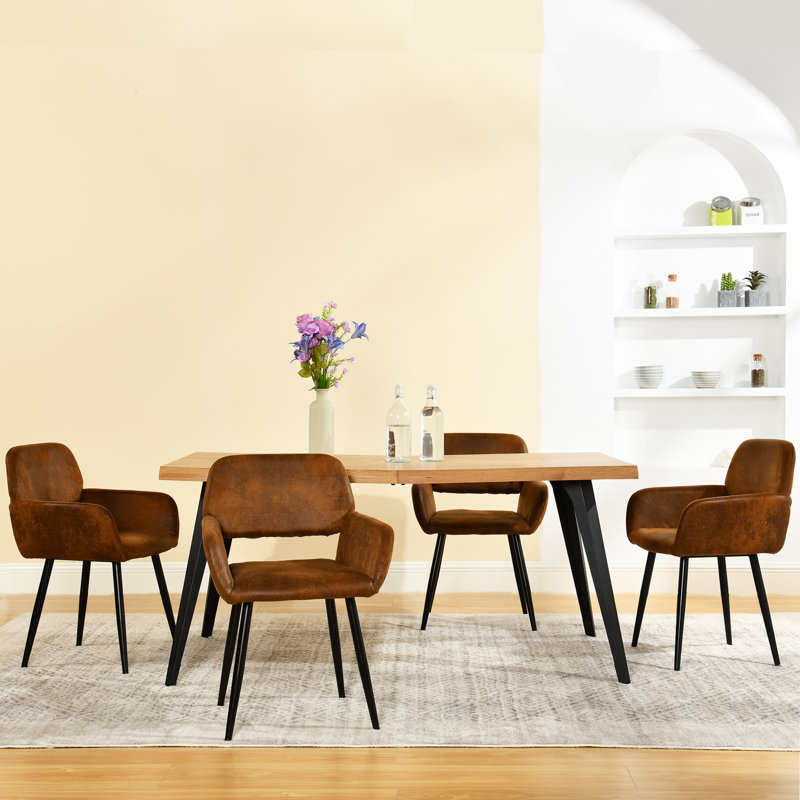 5-Piece Dining Set - Rectangular Table with Black Metal Legs and Suede Upholstered Armchairs For Kitchen Dining Room