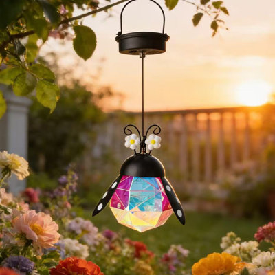 15" Solar Hanging Firefly Lantern with Multi-Color Prism Crystal Body – Outdoor Waterproof LED Ladybug Light for Tree, Porch, Patio, Halloween & Christmas Decor, Unique Gardening Gift