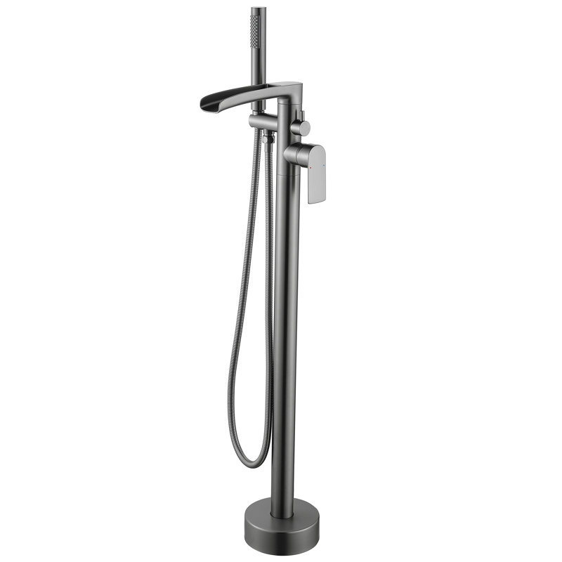 37.5" Solid Brass Floor Mounted Single Lever Handle Freestanding Tub Faucet, Waterfall Tub Filler With Handshower, Gun Gray