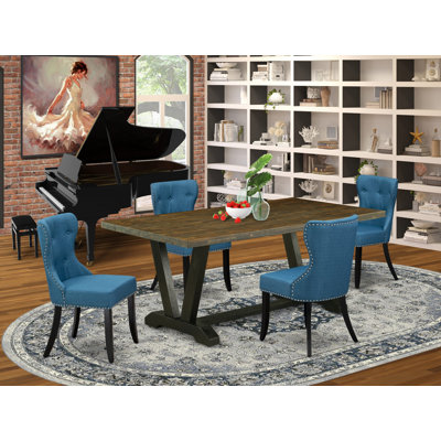 5-Piece Kitchen Table Set Consists of a Distressed Jacobean Dining Room Table and 4 Blue Linen Fabric Dining Chairs with Button Tufted Back - Wire Brushed Black Finish
