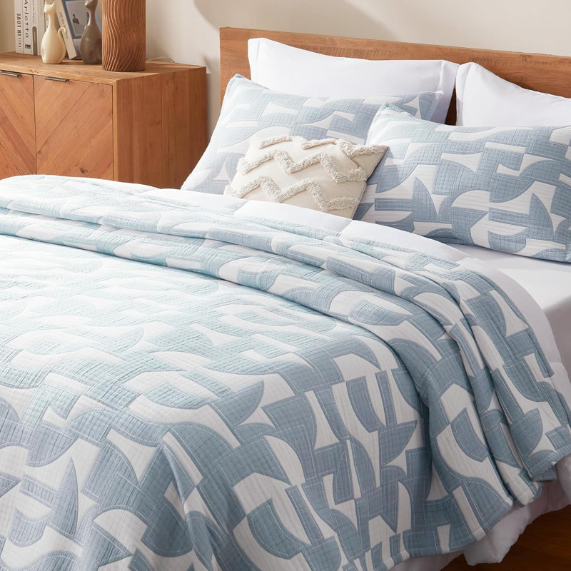Ensemble de courtepointe en jacquard Tencel Lyocell, Bleu géométrique, Courtepointe très grand + 2 taies décoratives