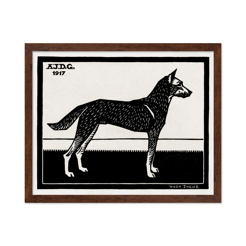 Chien noir et blanc, H 08 po x l 10 po, Poster, Brown Framed