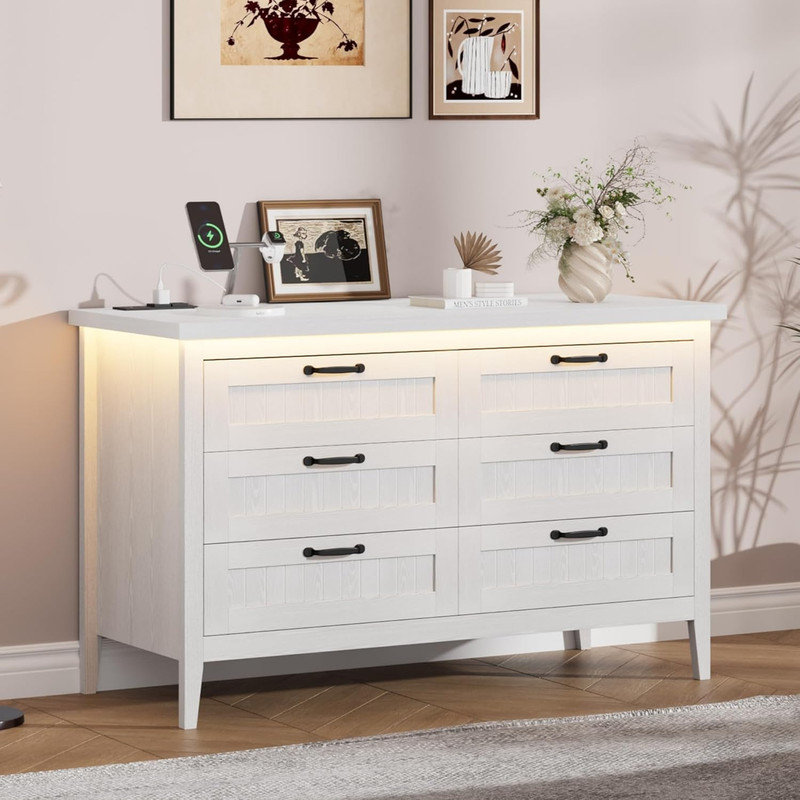 Commode 6 tiroirs avec prise de courant et lumière DEL RVB - Commode moderne avec station de charge pour chambre à coucher, salon, placard