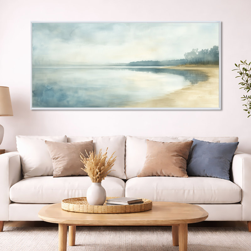 Reflet du lac calme bleu pâle beige III - Tableau encadré, H 34 po x l 44 po, Cadre photo blanc
