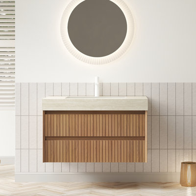 Meuble-lavabo de salle de bain flottant 36 po 36 po, rangement en contreplaqué rayé, 2 tiroirs, comptoir en pierre frittée à motif, lavabo en céramique, pré-assemblé, armoire à retrait facile des tiroirs, plateau, teinte beige, bois naturel