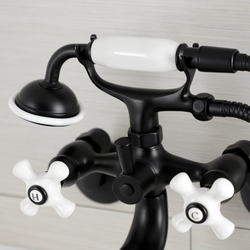 Kingston Brass Kingston Three-Handle 2-Hole Wall Mount Clawfoot Tub Faucet with Hand Shower, Matte Black