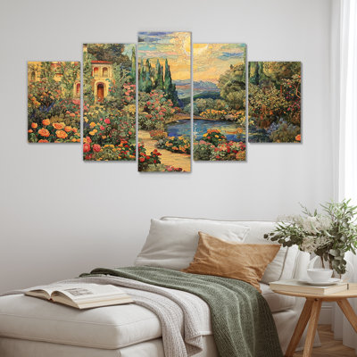«Blossoming River Path South of France Vintage», art mural 5 pièces