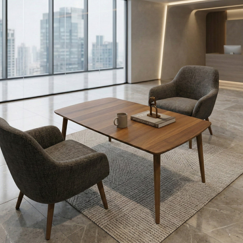 Table basse moderne avec plateau en placage de noyer et pieds en bois massif