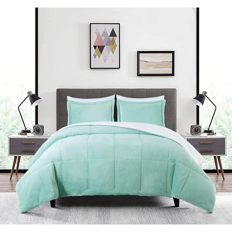 Aqua Reversible Micromink Sherpa Queen Comforter Set