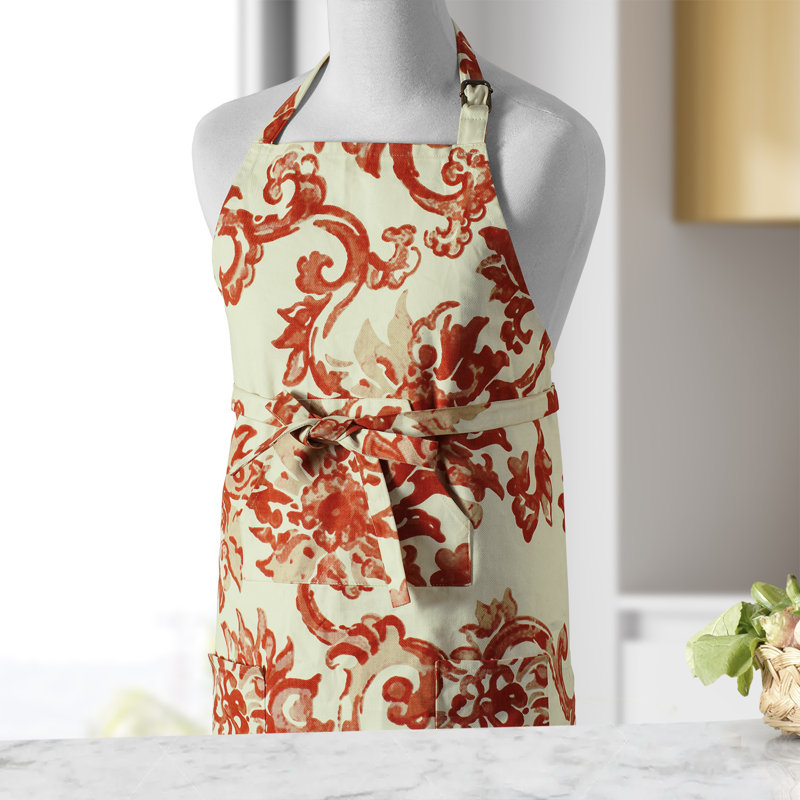 Printed Cotton Kitchen Apron with Pockets Adjustable, Indonesian Rust