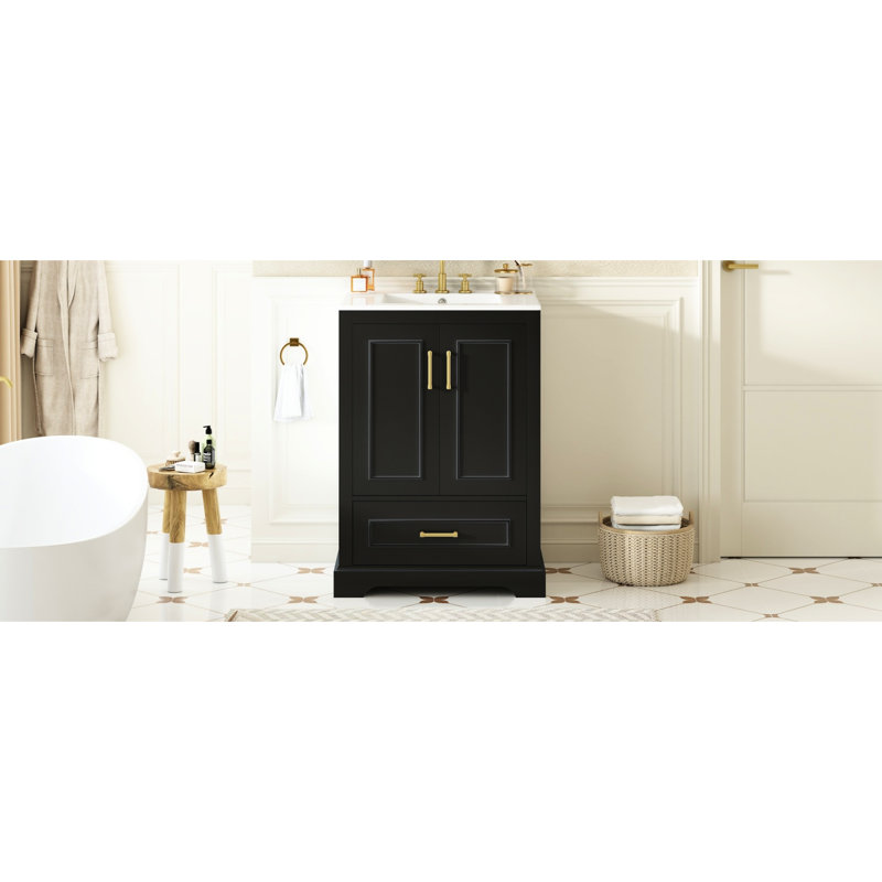 Meuble-lavabo moderne de 24 po avec lavabo en céramique, porte à fermeture en douceur, tablettes doubles sur la porte, tiroir divisé et fabrication en bois massif pour une cloison de tiroir autoportante fonctionnelle de 24 po, deux