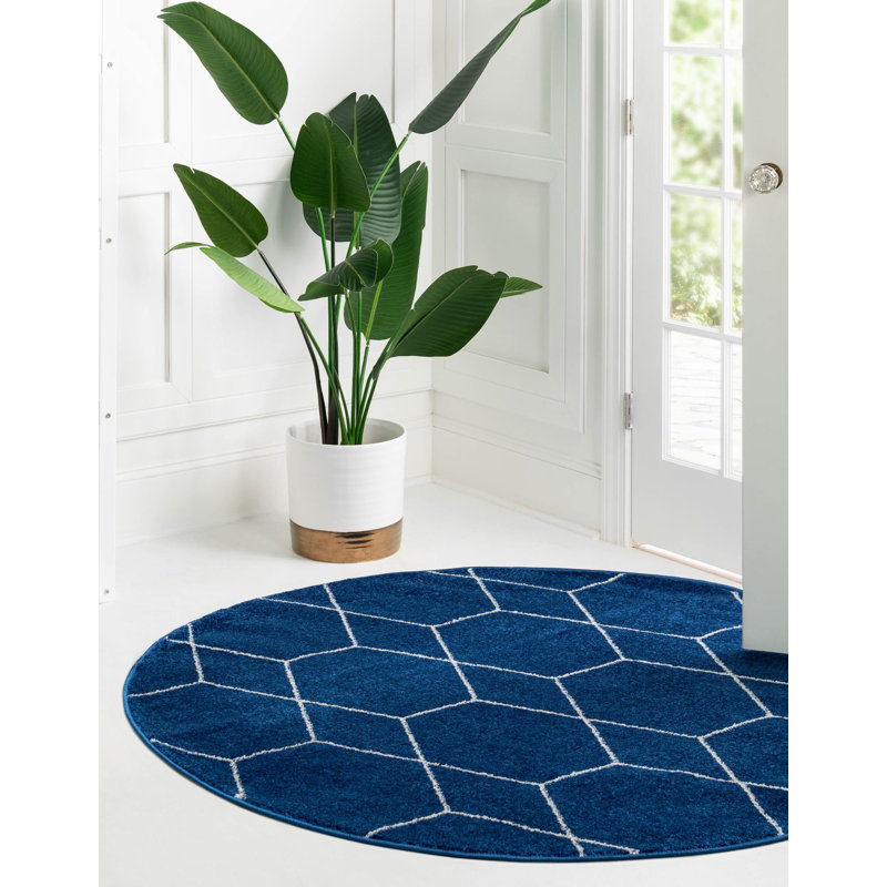 Tapis bleu marine à motif géométrique Debrodie, Rond 5 pi 3 po