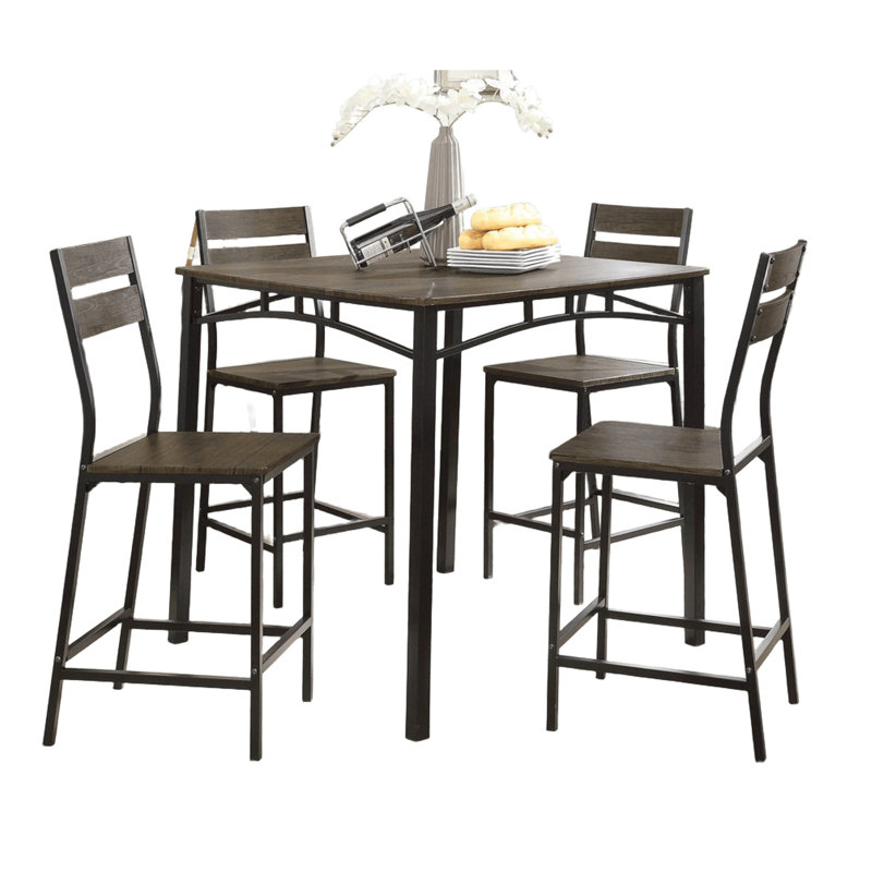 Table carrée 5 pièces à hauteur de comptoir avec 4 chaises hautes en métal à dossier en lattes brun antique et noir, esthétique industrielle moderne pour un look de pièce