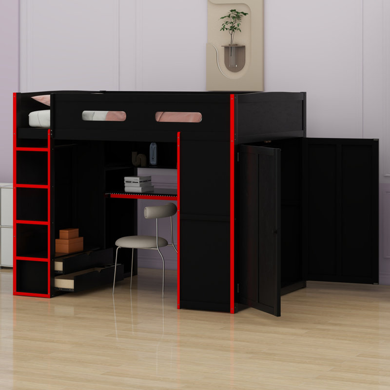 Wood Loft Bed With Desk,Wardrobe,Ample Storage Space,And RGB LED Light, Red