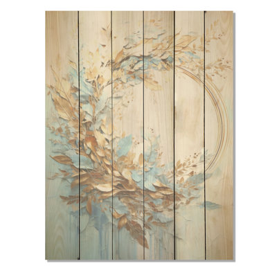 «Blue and Gold Wreath Flower», art mural en bois sur bois de pin naturel