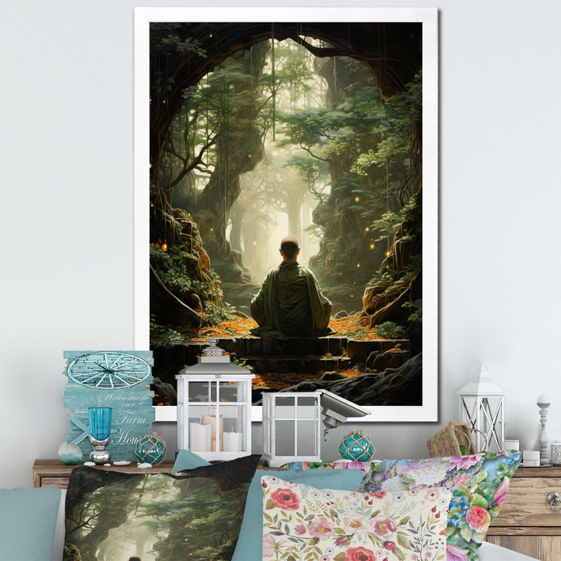 Art bouddhiste vert sur toile vert bouddhiste, Cadre photo blanc, L 30 po x H 40 po