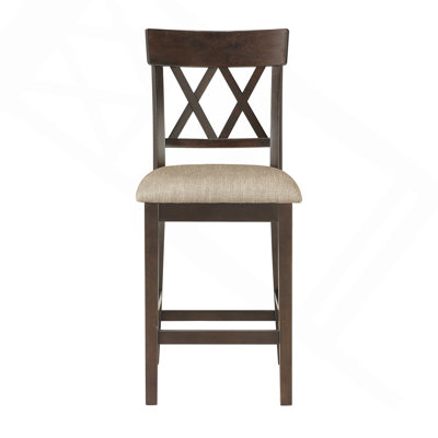 Ensemble de chaises à hauteur de comptoir brun foncé 2 pièces à double dossier en X avec dossier rembourré en tissu semblable à Lénine