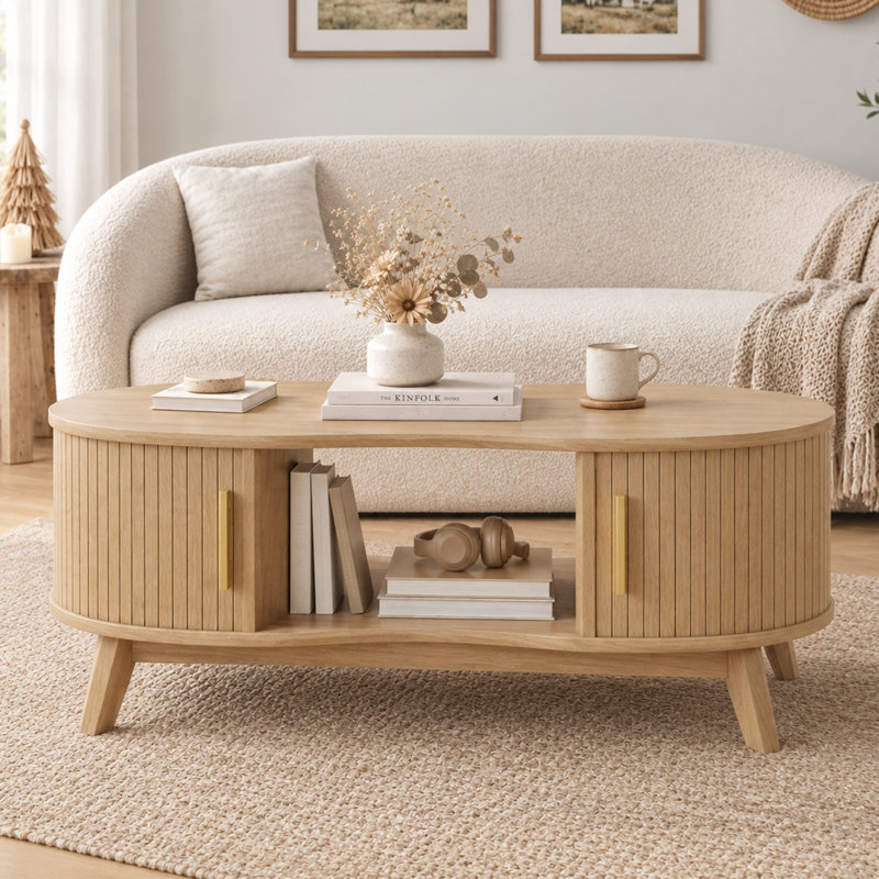 Table basse cannelée 47,2 po avec porte coulissante , Bois naturel