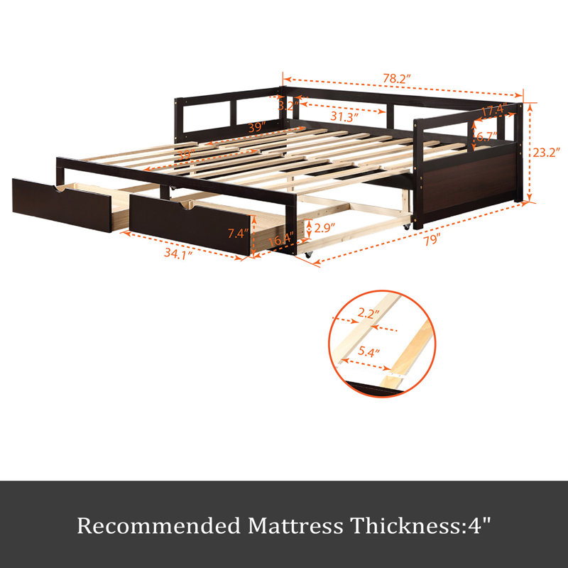 Wooden Daybed With Trundle Bed And Two Storage Drawers , Extendable Bed Daybed,Sofa Bed For Bedroom Living Room, Espresso