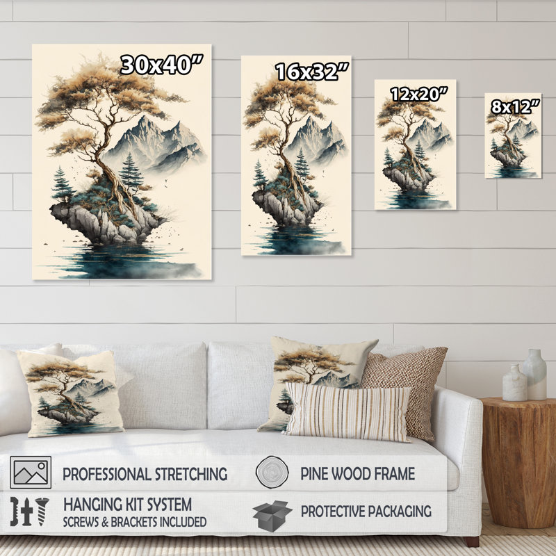 Bonsai Tree On A Rock V - Art mural moderne sur toile, L 12 po x H 20 po, Toile tendue