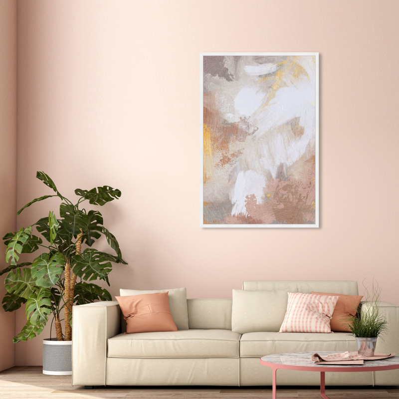 «Sunrise Abstract», peinture murale encadrée rose moderne avec nuages de peinture, L 36 po x H 54 po, Cadre blanc