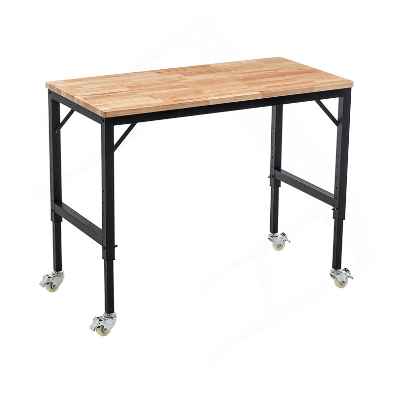 Établi réglable robuste de 48 po pour le garage, table d'atelier en bois d'hévéa avec roues en métal, poste de travail en bois franc, capacité de poids de plus de 2000 lb avec roues