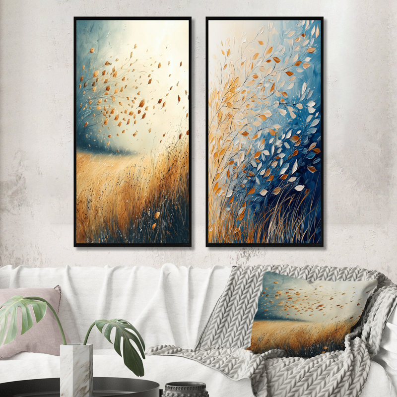 Meadow Windy Prairie Leaves I - Paysages, art mural 2 pièces, H 40 po x l 41 po, Cadre flottant noir