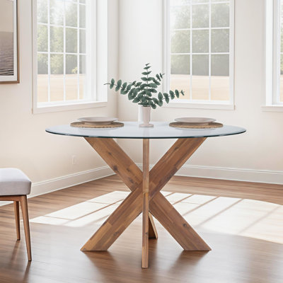 Alejoa 48" Glass Top Solid Wood Base Dining Table
