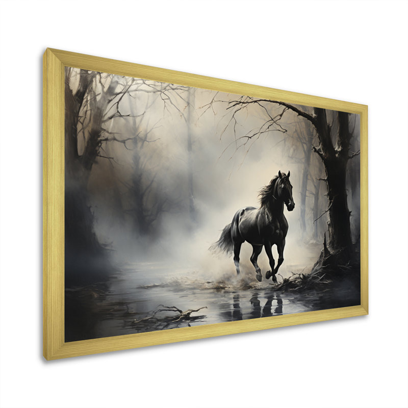 «Gray Horse Misty Morning Canter I», art mural encadré, H 16 po x l 32 po x P 1 po, Cadre doré simple