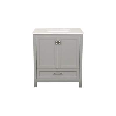 Meuble-lavabo autoportant de 30 po avec lavabo, comptoir en marbre d'ingénierie Carrara avec lavabo rectangulaire encastré en céramique, grande porte de rangement à fermeture en douceur, structure en bois massif, gris 24V03-30GR