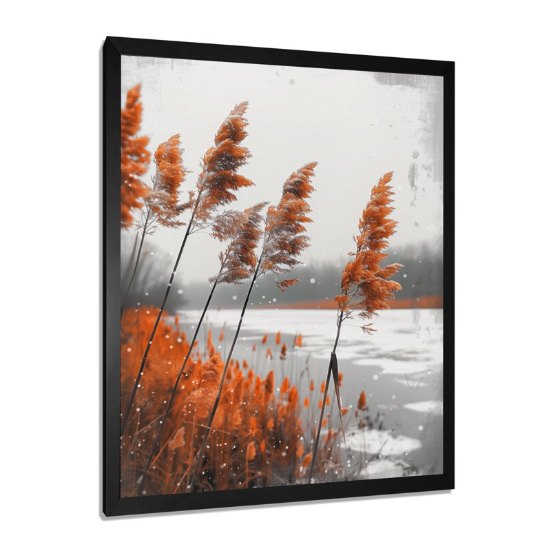 «Orange Grass Herbs Winter Lake», impression d'art mural paysage, Cadre photo noir, H 16 po x l 32 po