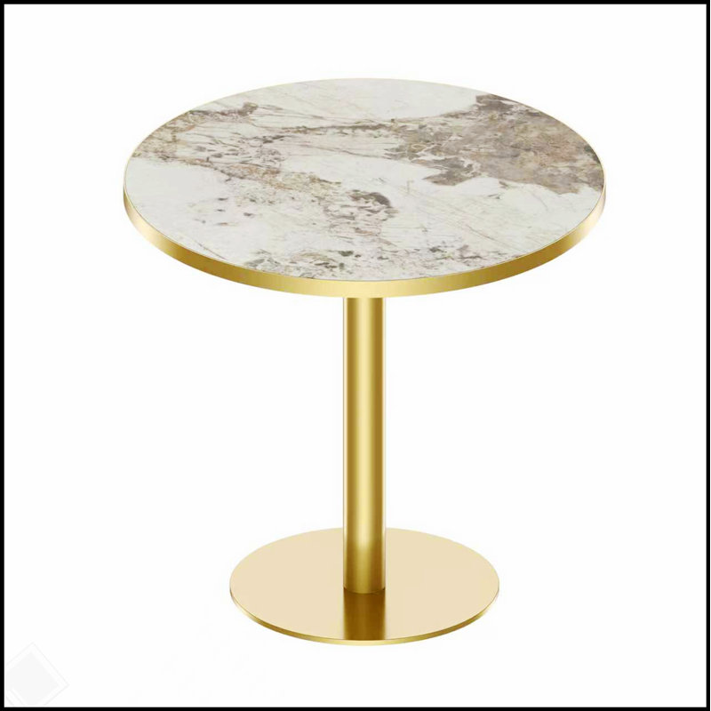Table de salle à manger ronde ronde avec plateau en faux marbre, assemblage facile et structure en métal robuste pour les espaces compacts