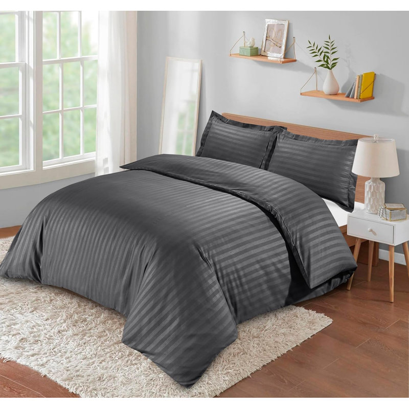 Neacsu Microfiber Striped Duvet Cover Set with Pillowcases Included, Grey, Double Duvet Cover + 2 Standard Pillowcases
