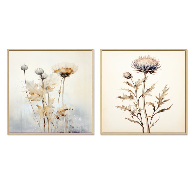 Beige chardon et fleurs - ensemble de 2 collages carrés de chardon, Cadre flottant brun, H 16 po x l 33 po