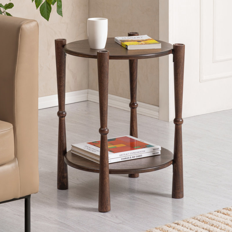 Table de bout en bois massif olive avec rangement à 2 niveaux