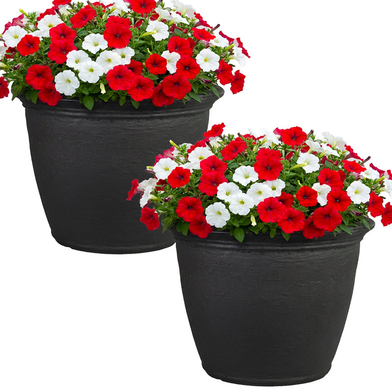 Anjelica Polyresin Large Round Outdoor Planter - 20" - Matte Black - Set of 2, Matte Black