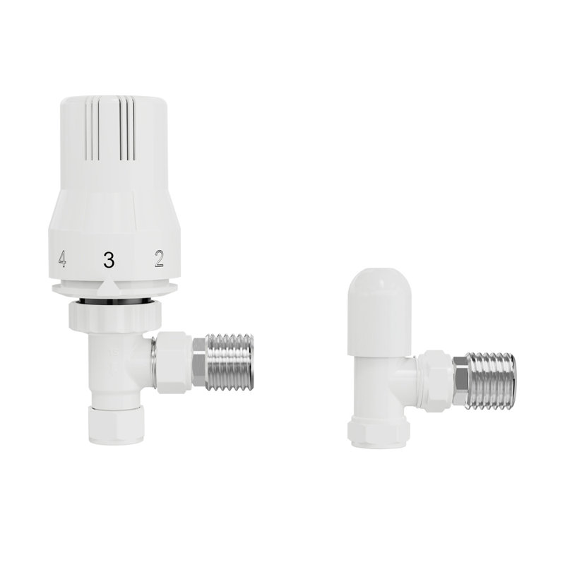 Angled Thermostatic Valve And Manual Radiator Valve For Heated Towel Rail Radiator, White