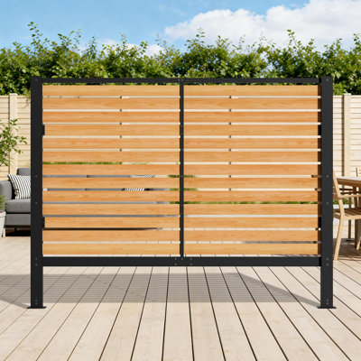 Heavy Duty Outdoor Iron & Pine Wood Fence Panel, Freestanding Privacy Barrier, 8 x 6 ft, with Ground Stakes