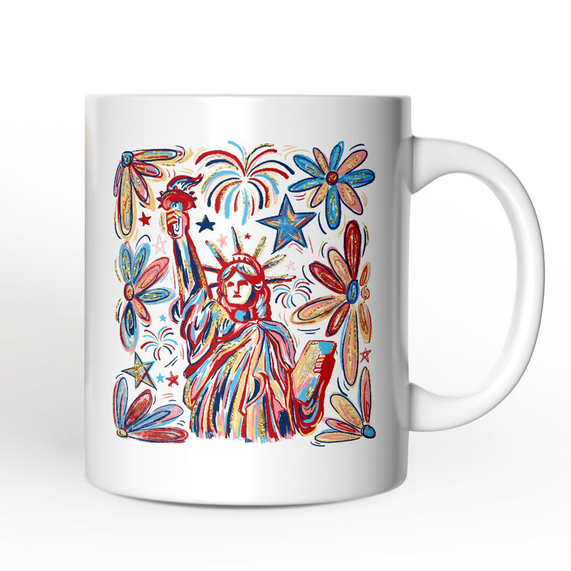 Tasse patriotique Statue de la Liberté et feux d'artifice, cadeau festif du 4 juillet avec nom personnalisé