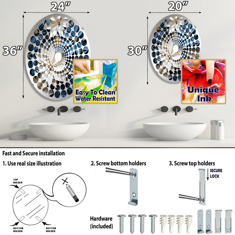 Poinsettias blanc et bleu Bloom I - miroir décoratif à pois radiaux | Ovale, 29,5 po x 19,6 po