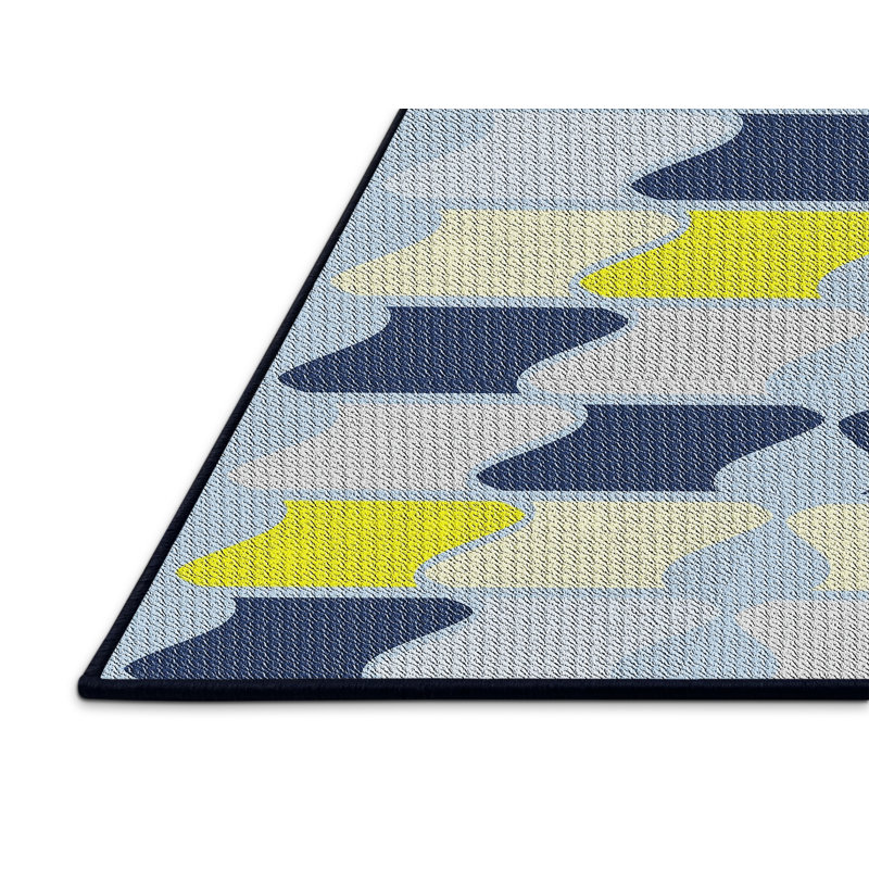 Tapis bleu/jaune à motifs, Rectangle 5 pi x 7 pi