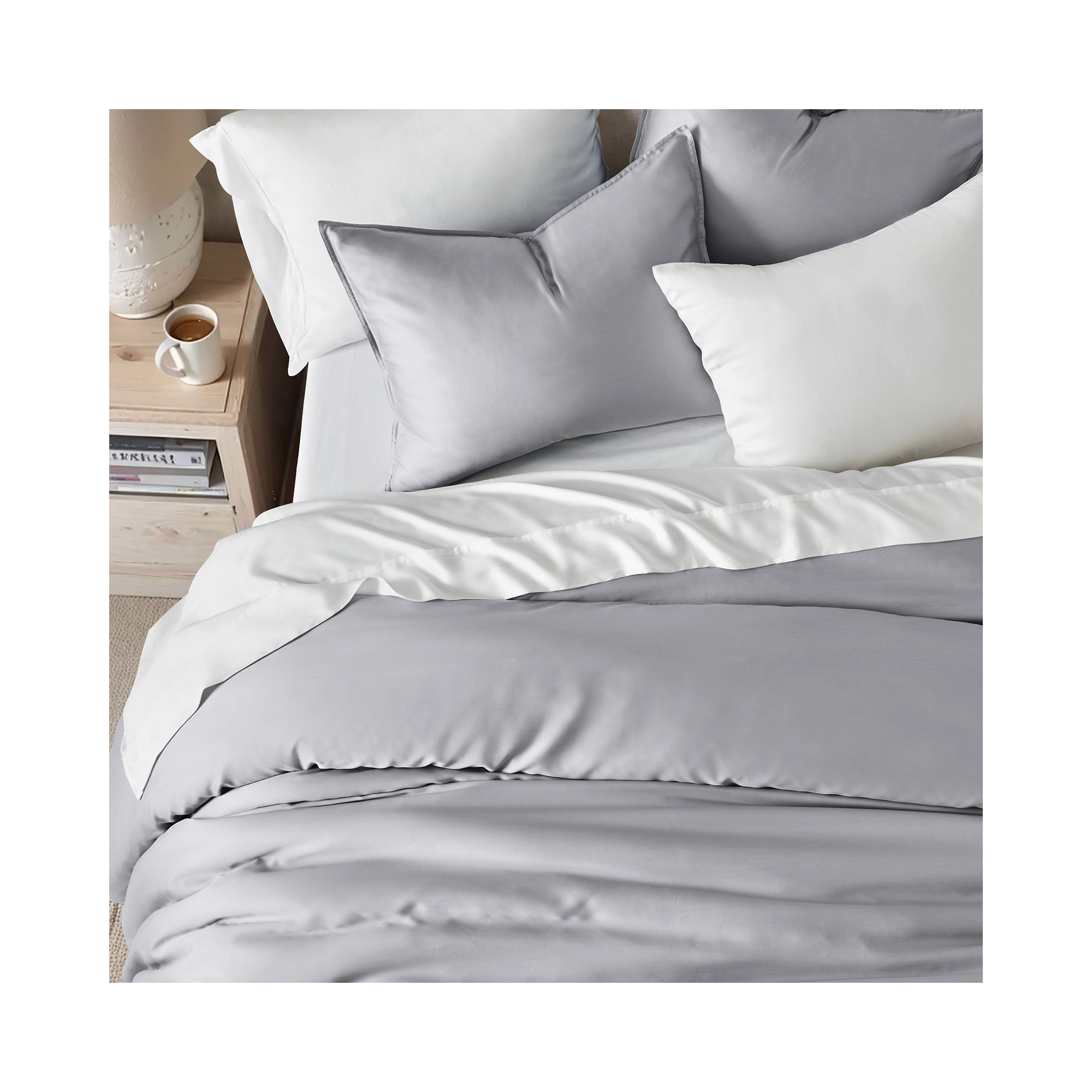 Tencel Lyocell Cooling Duvet Cover Set, Queen Duvet Cover + 2 Queen Shams, Light Gray